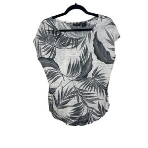 Tahari Linen Large Tropical Leaf Print Short Sleeve Shirt‎ Top Coastal Resort